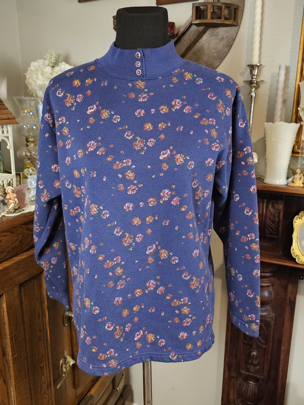 Alison Craig Floral Mock Neck Sweatshirt Blue Purple Cottagecore Small